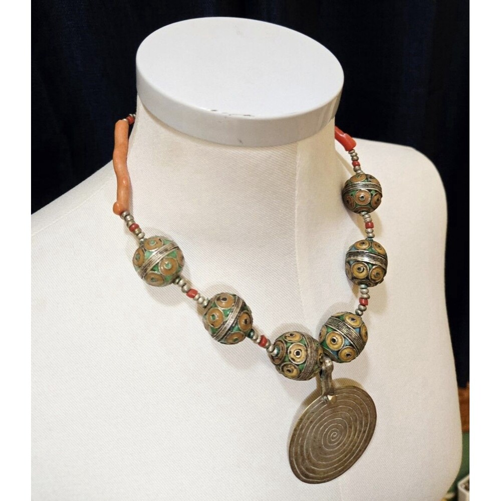 Vintage Moroccan Berber Tribal Enameled Pendant 18” Necklace